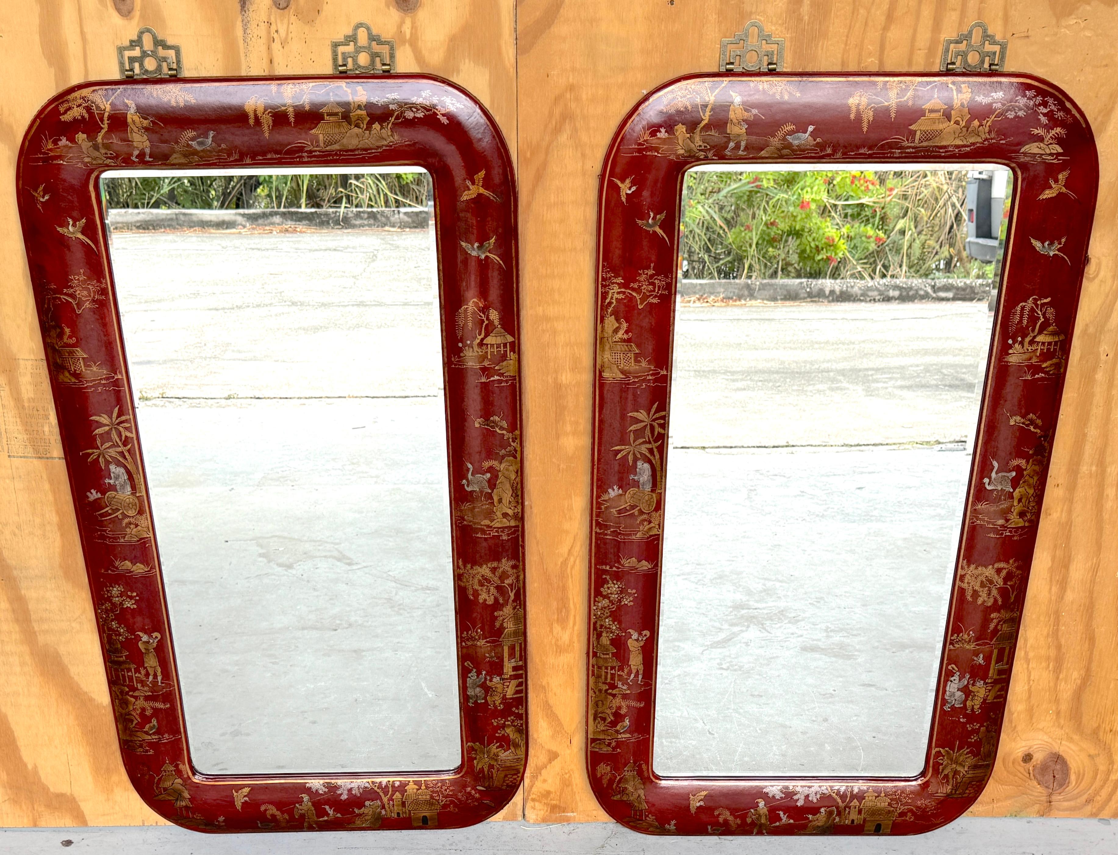 Cast Pair of Red Leather Gilt Decorated Chinoiserie Brass Mounted Mirrors