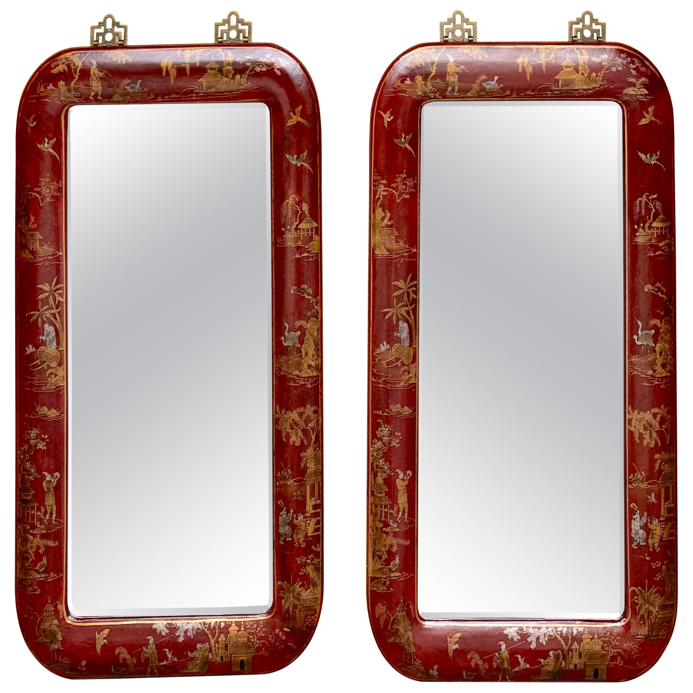 English Pair of Red Leather Gilt Decorated Chinoiserie Brass Mounted Mirrors