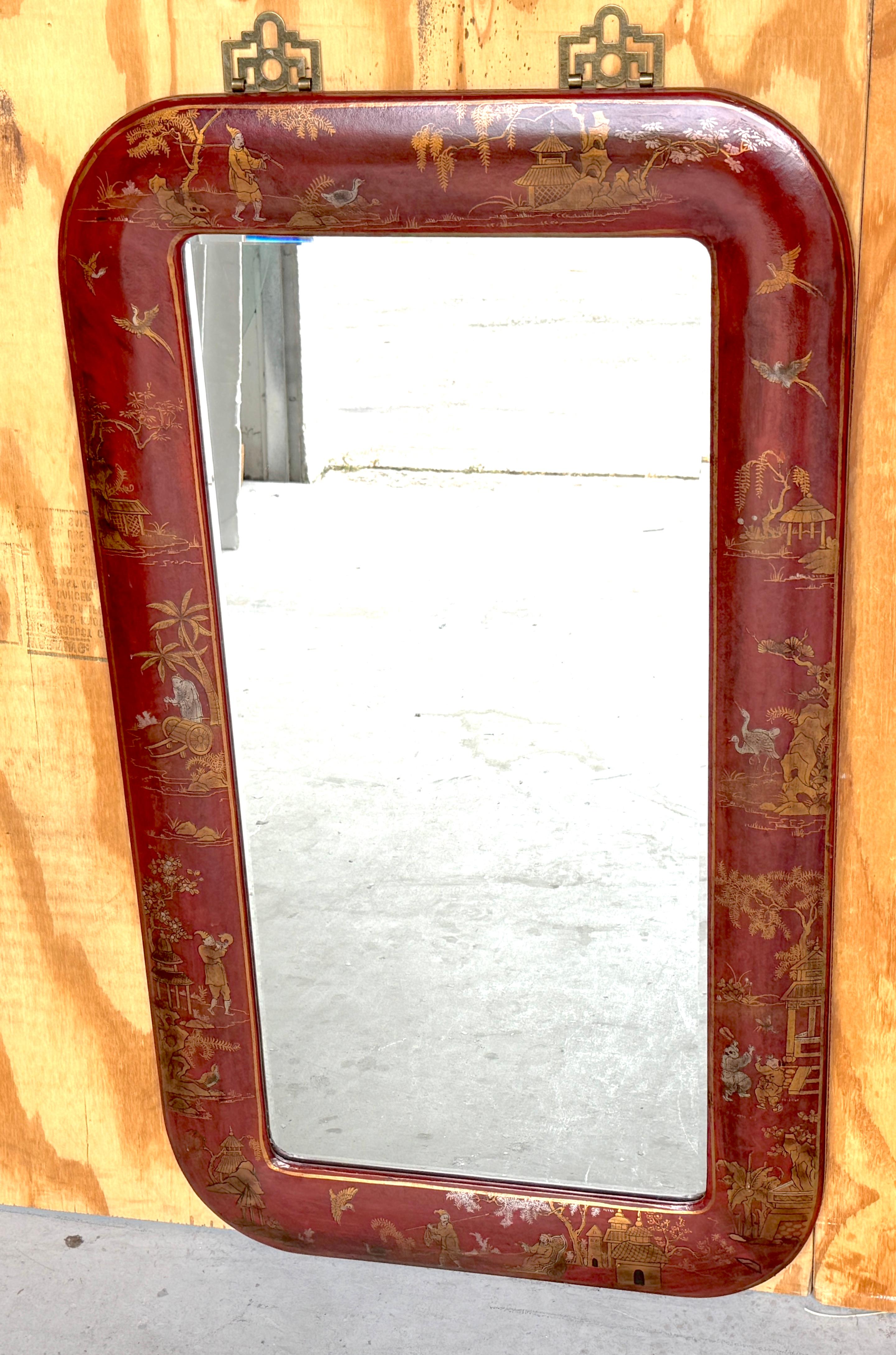 Pair of Red Leather Gilt Decorated Chinoiserie Brass Mounted Mirrors In Good Condition In West Palm Beach, FL