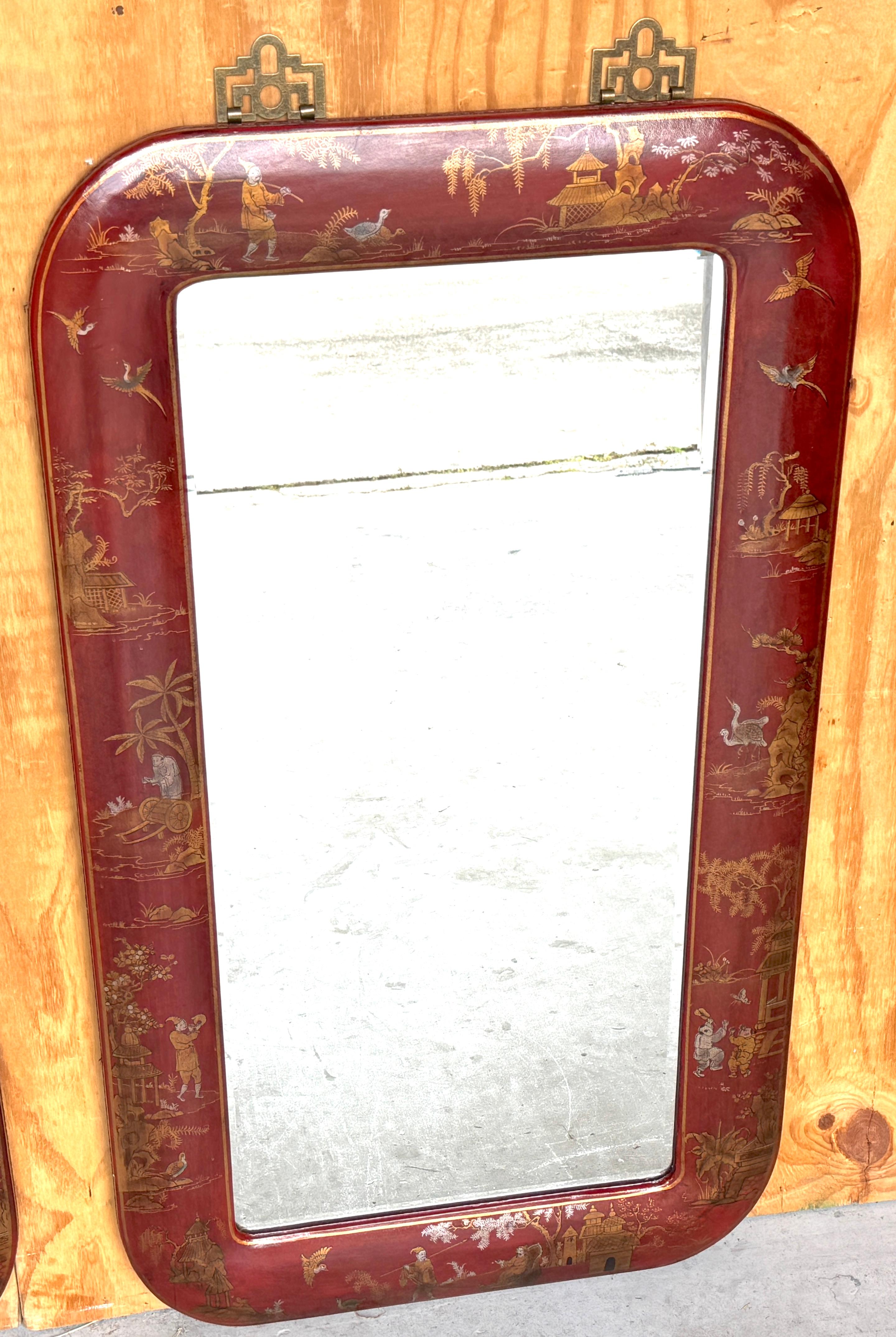 20th Century Pair of Red Leather Gilt Decorated Chinoiserie Brass Mounted Mirrors