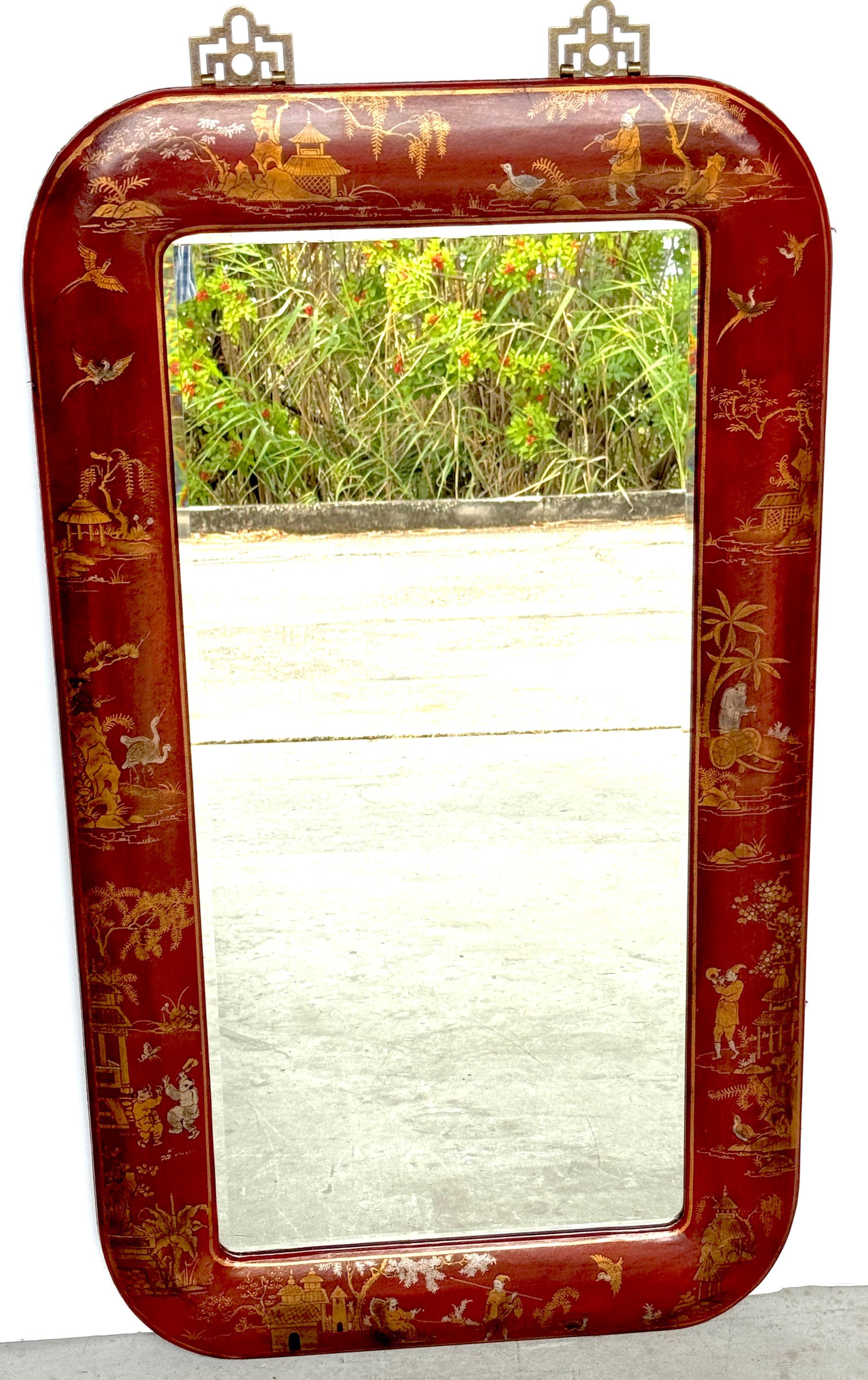 Pair of Red Leather Gilt Decorated Chinoiserie Brass Mounted Mirrors 3
