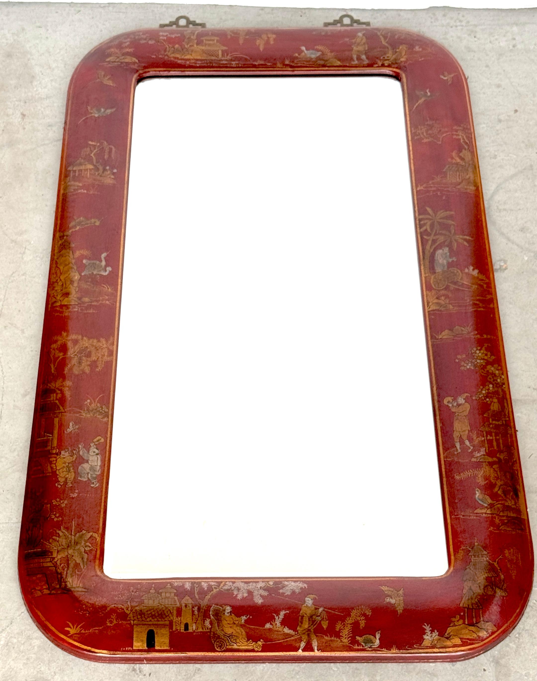 Pair of Red Leather Gilt Decorated Chinoiserie Brass Mounted Mirrors 4