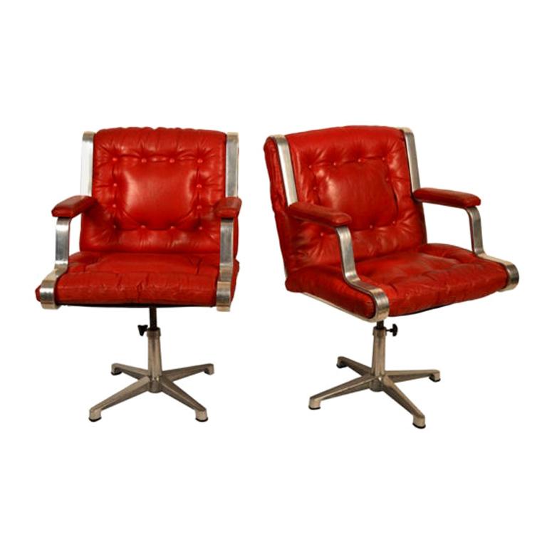 Pair of Red Leather Midcentury Desk Swivel Chairs