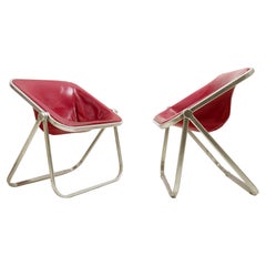 Pair of Red Leather Space Age "Plona" Chairs by Giancarlo Piretti for Castelli