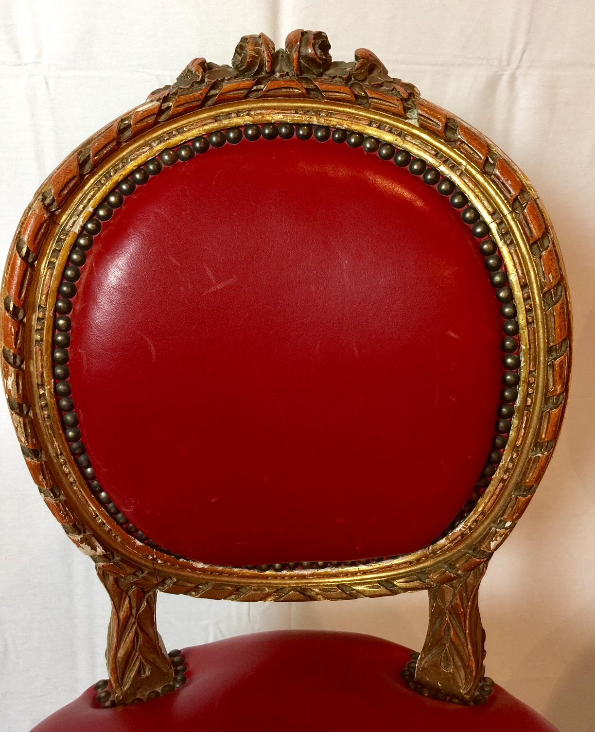 French Pair of Red Louis XVI Style Giltwood Chairs
