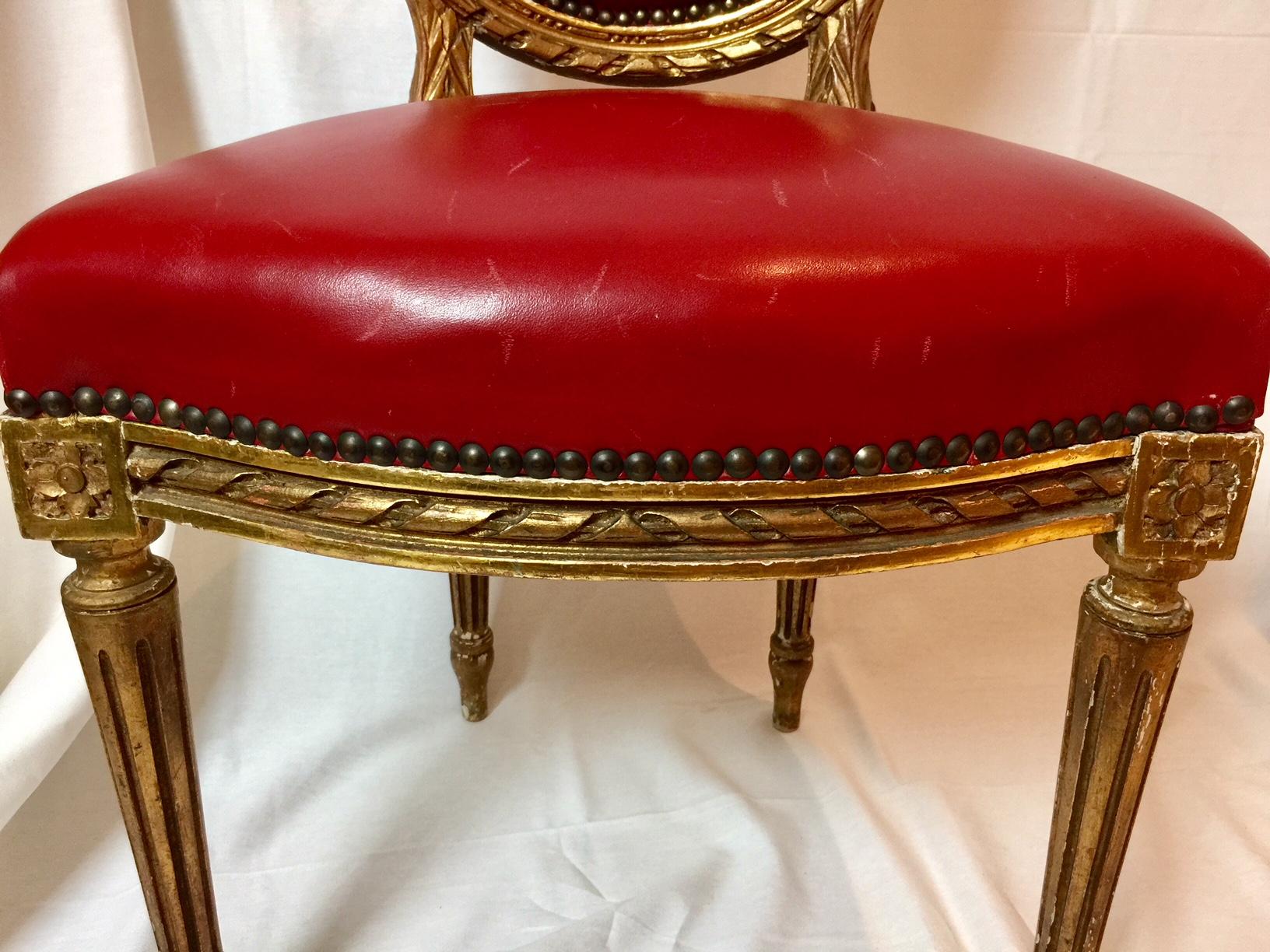 19th Century Pair of Red Louis XVI Style Giltwood Chairs