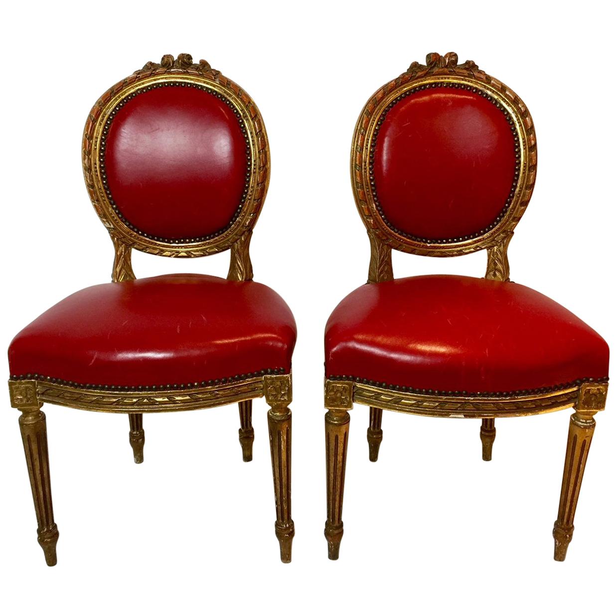 Pair of Red Louis XVI Style Giltwood Chairs