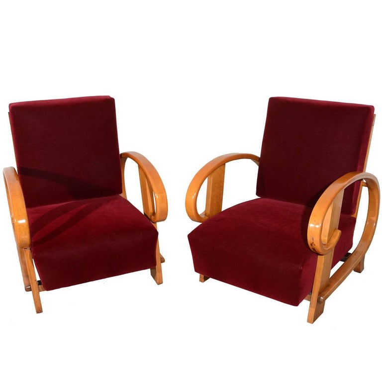 Pair Of Red Lounge Chairs In Donghia Mohair With Wooden Arms For Sale At 1stdibs