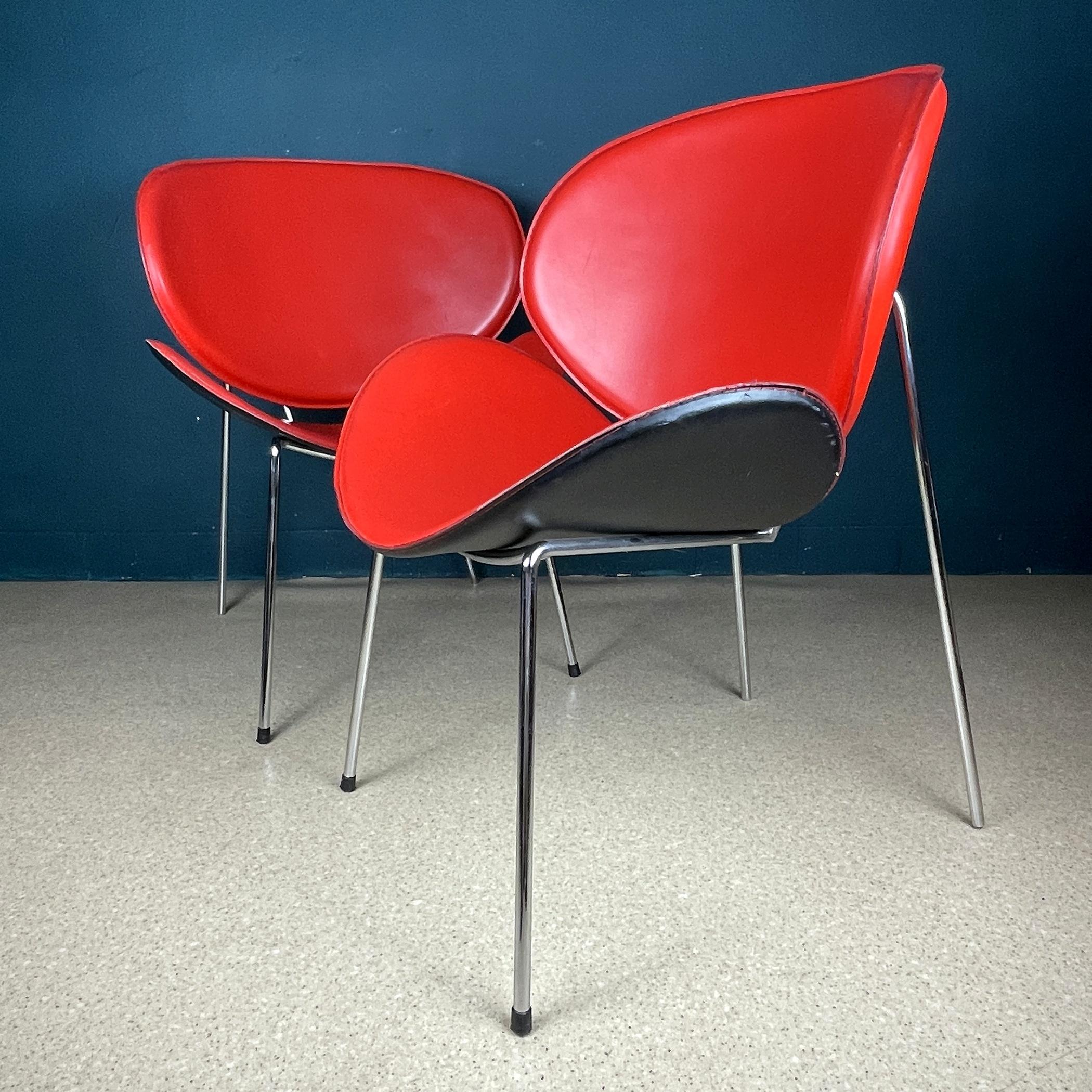 Mid-Century Modern Pair of red lounge chairs Italy 1990s Design Pierre Paulin Style For Sale