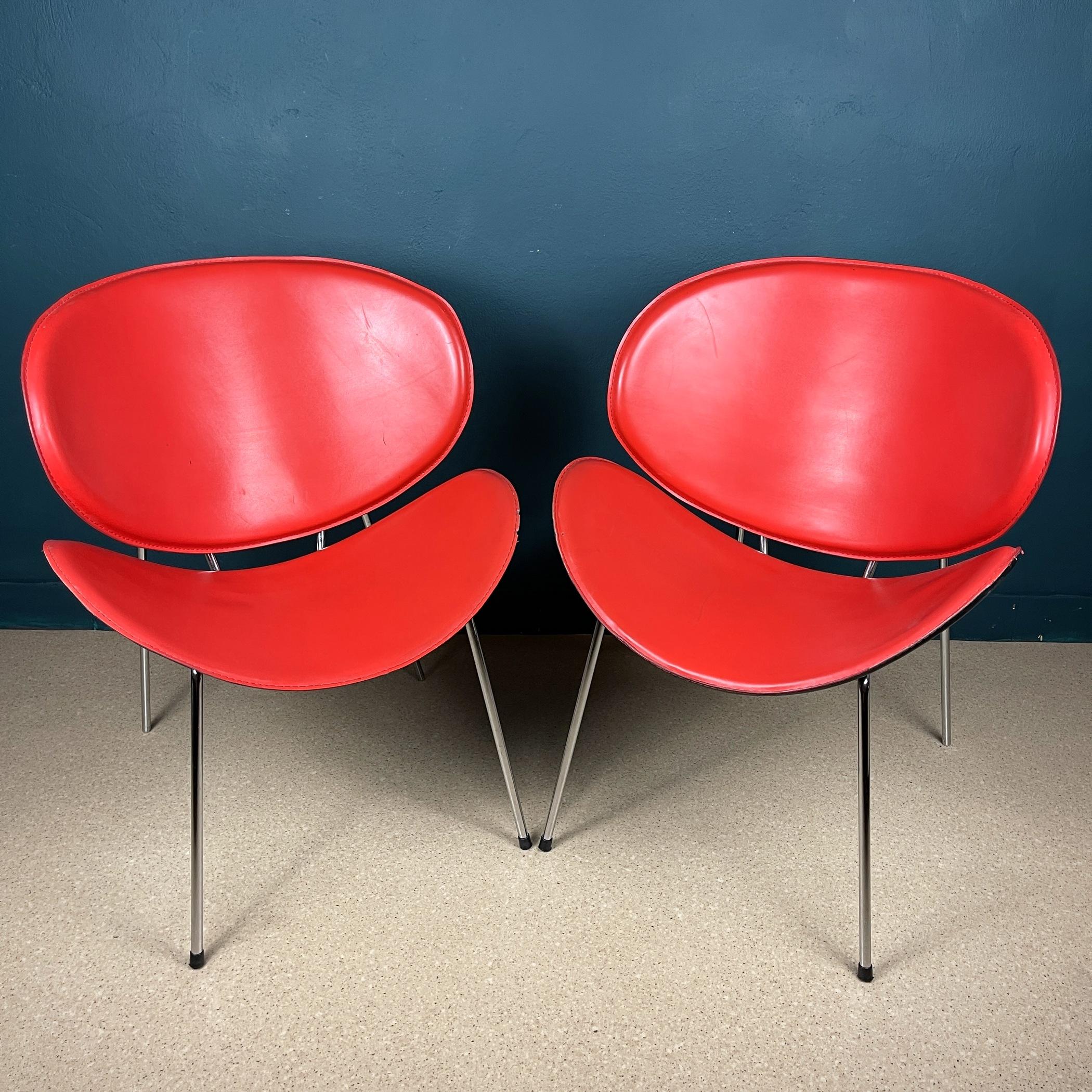 Pair of red lounge chairs Italy 1990s Design Pierre Paulin Style For Sale 1