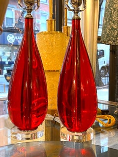 Pair of Red Lucite Lamps