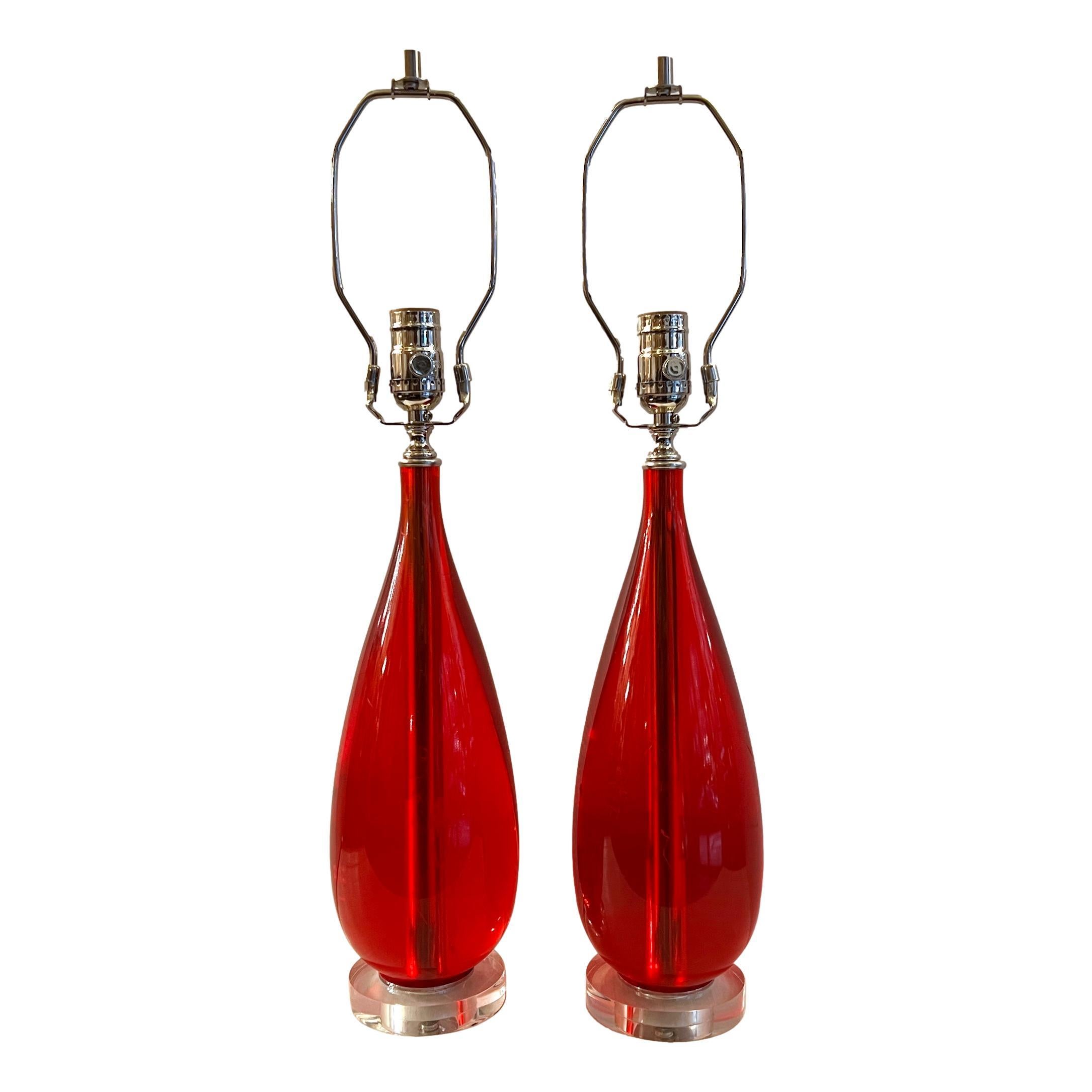 Pair of Red Lucite Lamps For Sale 1