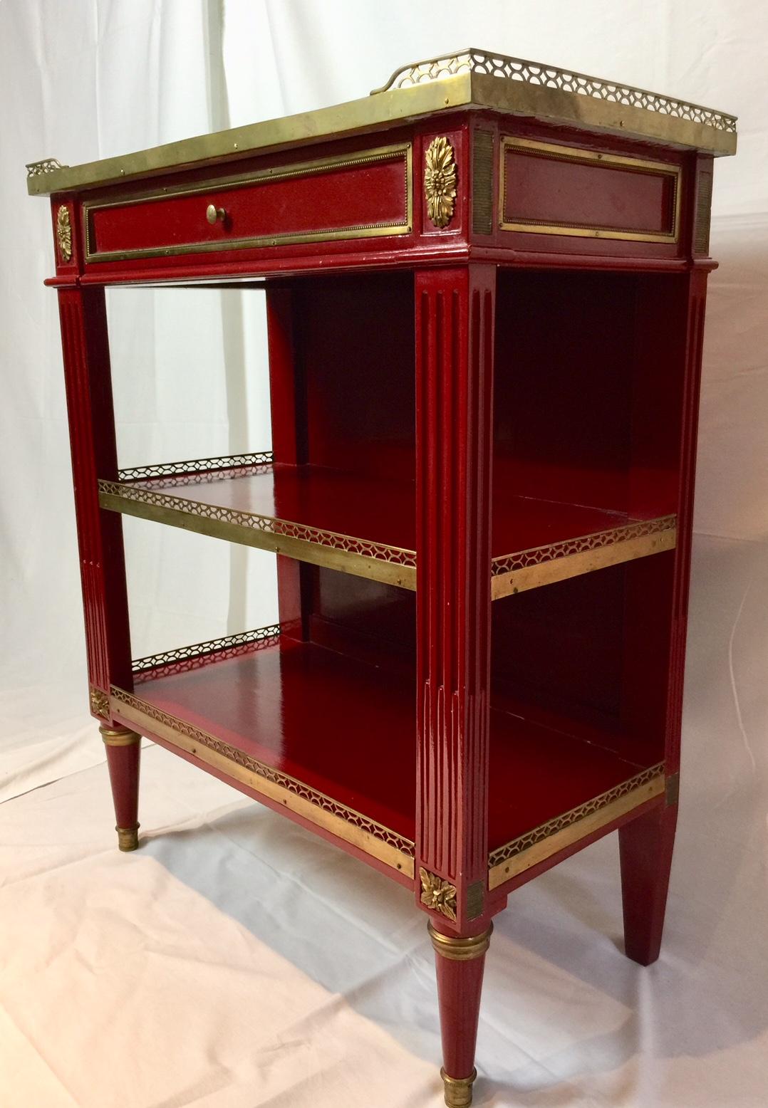 Lacquered Maison Jansen Pair of Red Marble-Top Side Tables 