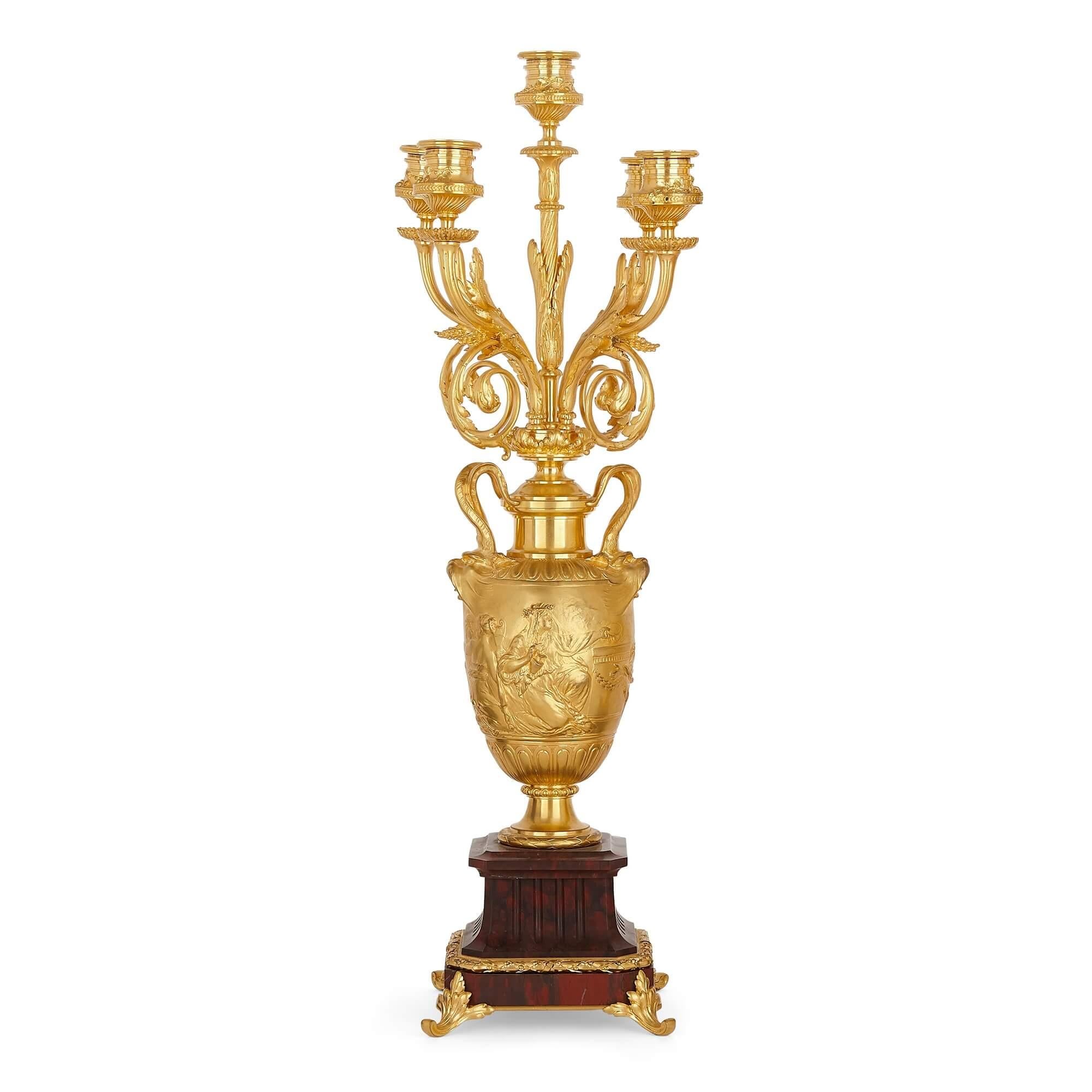 Louis XVI Pair of red marble and gilt bronze table candelabra by Barbedienne For Sale