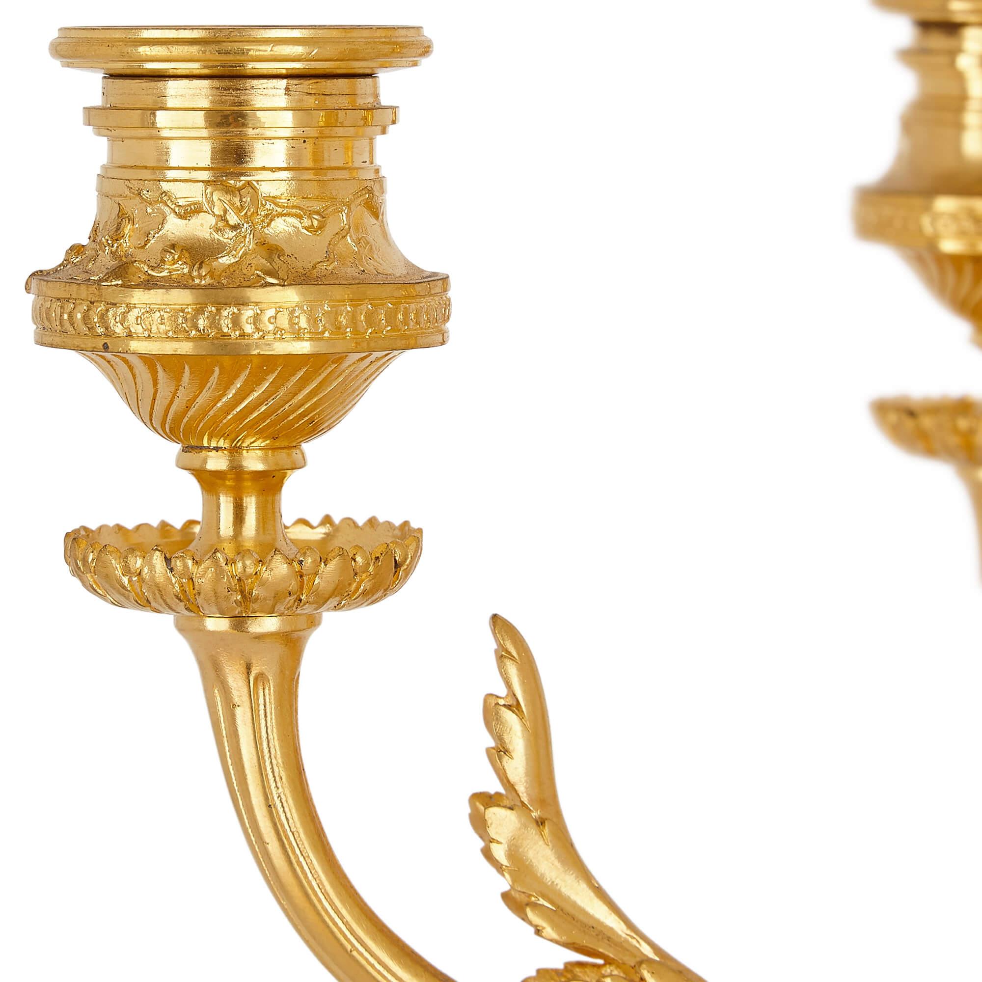 19th Century Pair of red marble and gilt bronze table candelabra by Barbedienne For Sale