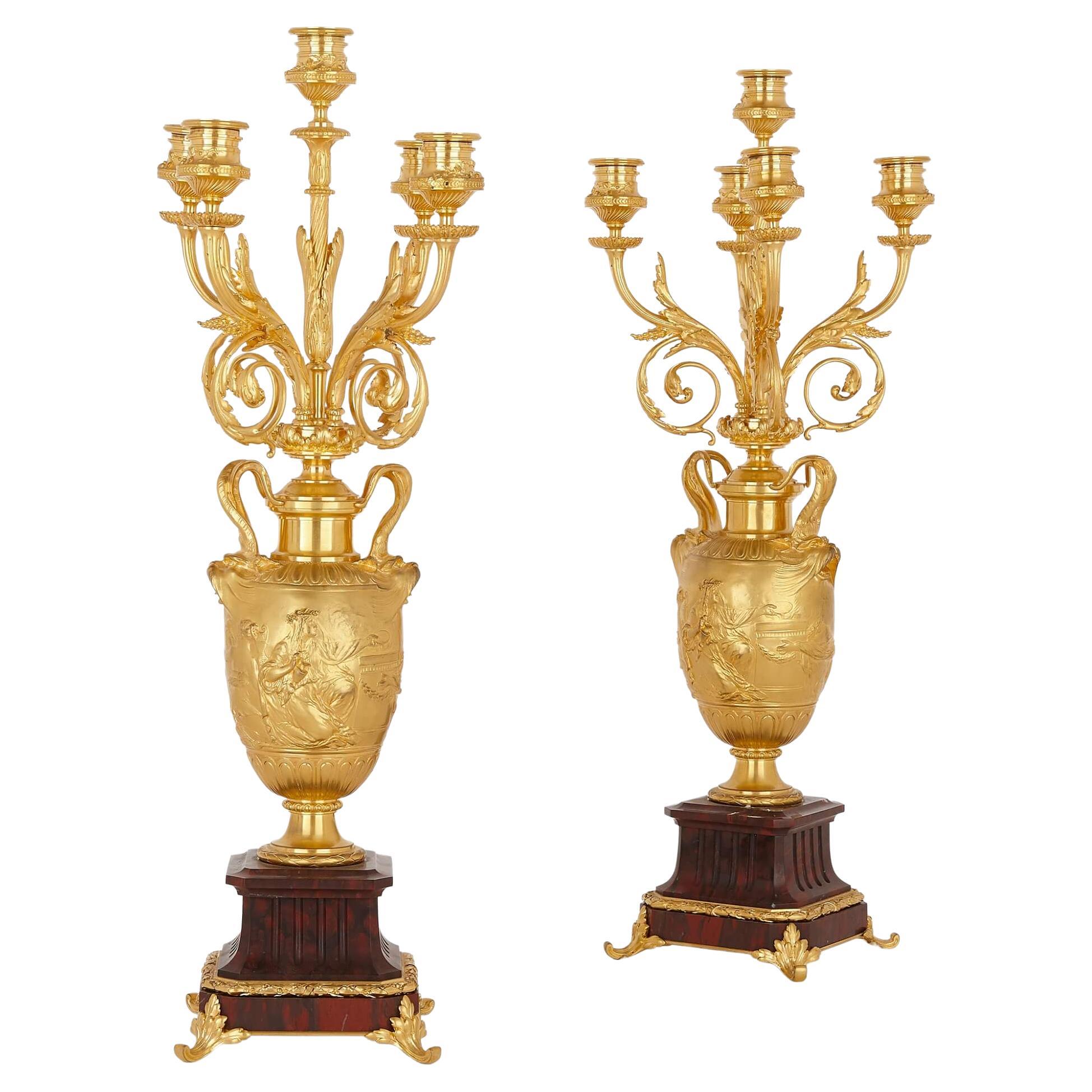 Pair of red marble and gilt bronze table candelabra by Barbedienne For Sale