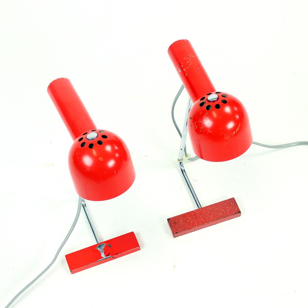 Czech Pair of Red Metal and Chrome Table Lamps by Josef Hurka for Napako, circa 1960 For Sale