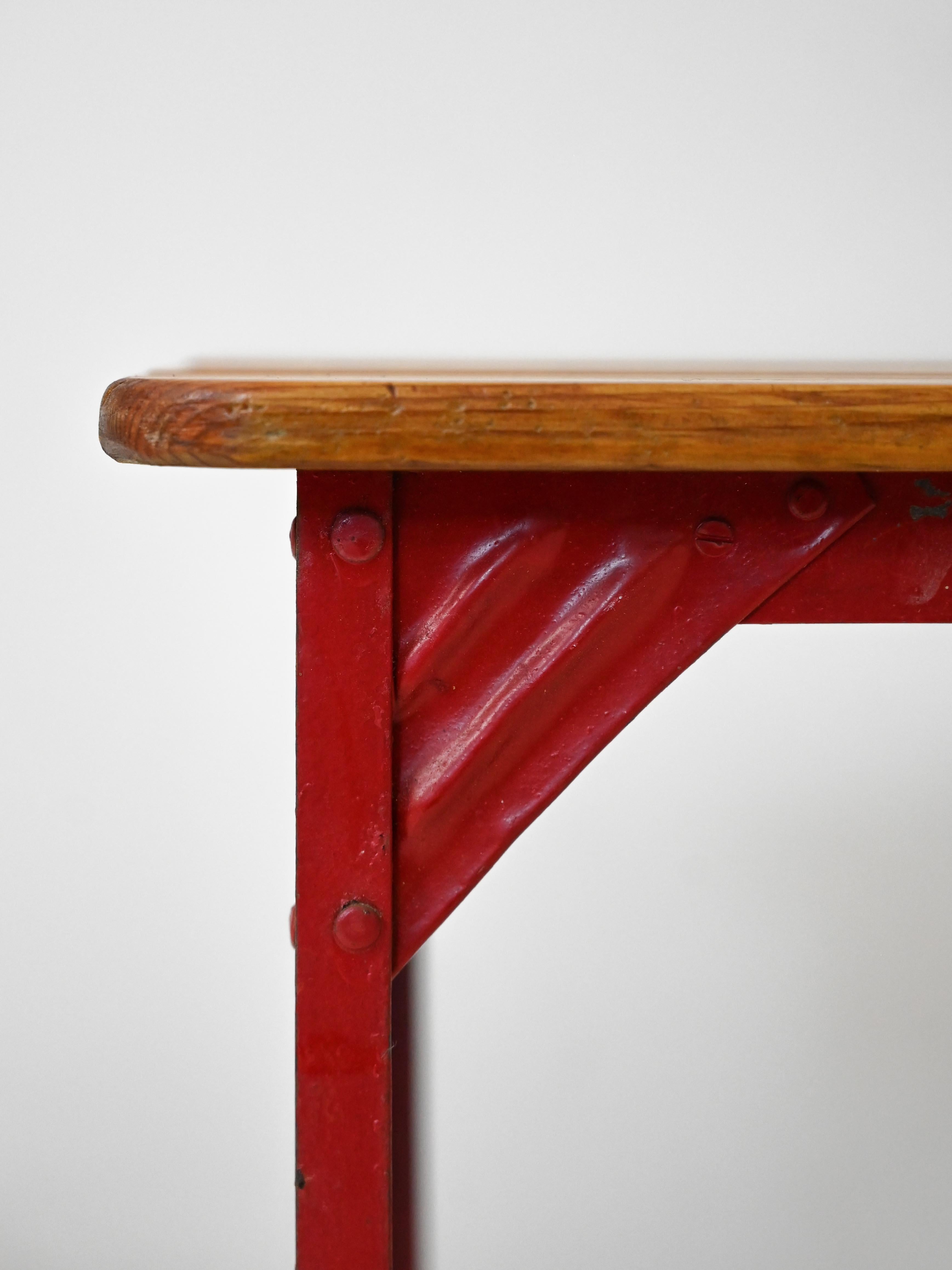 Scandinavian Modern Pair of red metal and wood stools