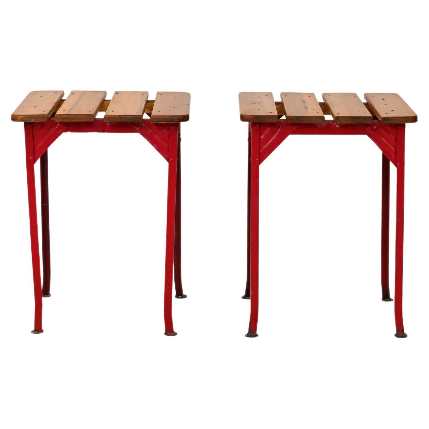 Pair of Red Metal and Wood Stools