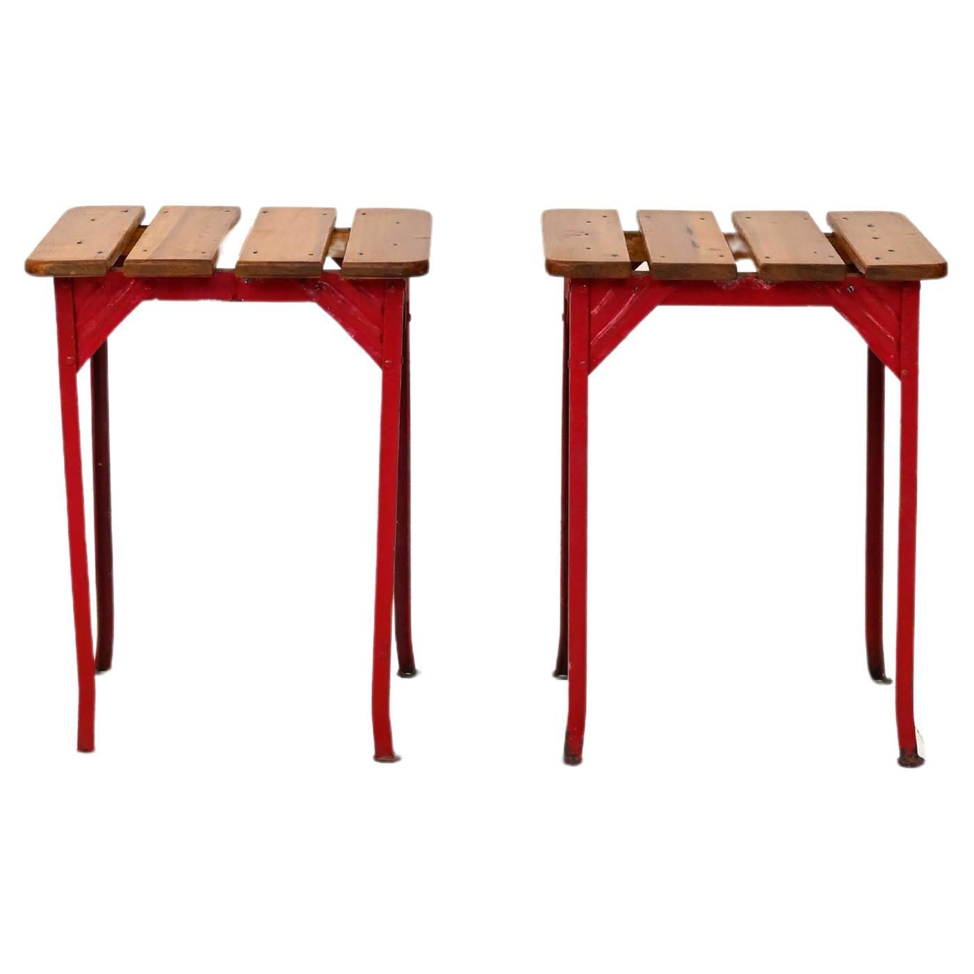 Pair of red metal and wood stools For Sale