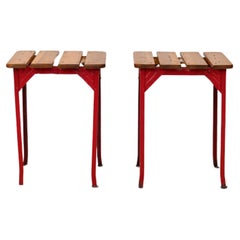 Pair of red metal and wood stools