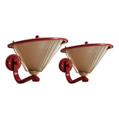 Vintage Pair of Red Metal + Resin Sconces in the Style of Pierre Guariche, France 1950s