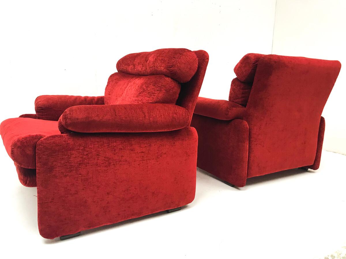 Italian Pair of red mid-century armchairs with ottoman, model Coronado