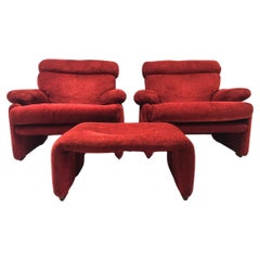 Pair of red mid-century armchairs with ottoman, model Coronado