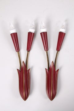 Pair of Red Mid Century French Wall Lamps