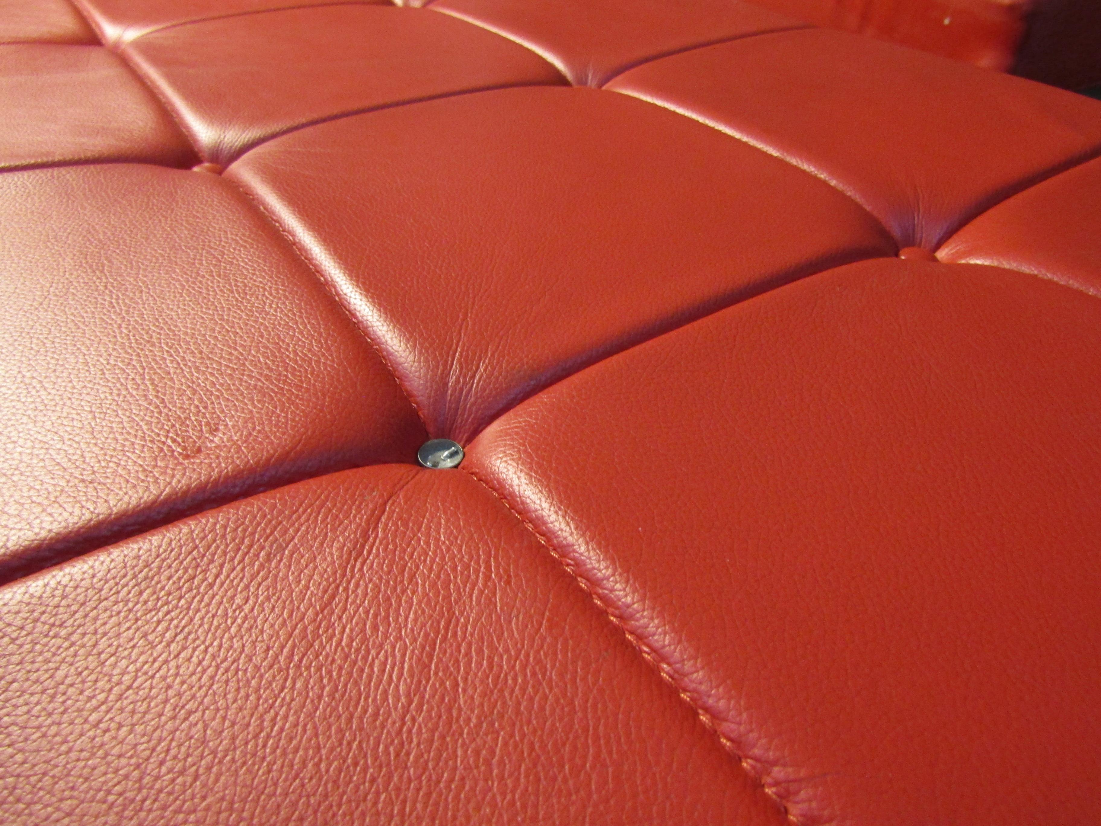 Chrome Pair of Red Mid-Century Modern Ottomans For Sale