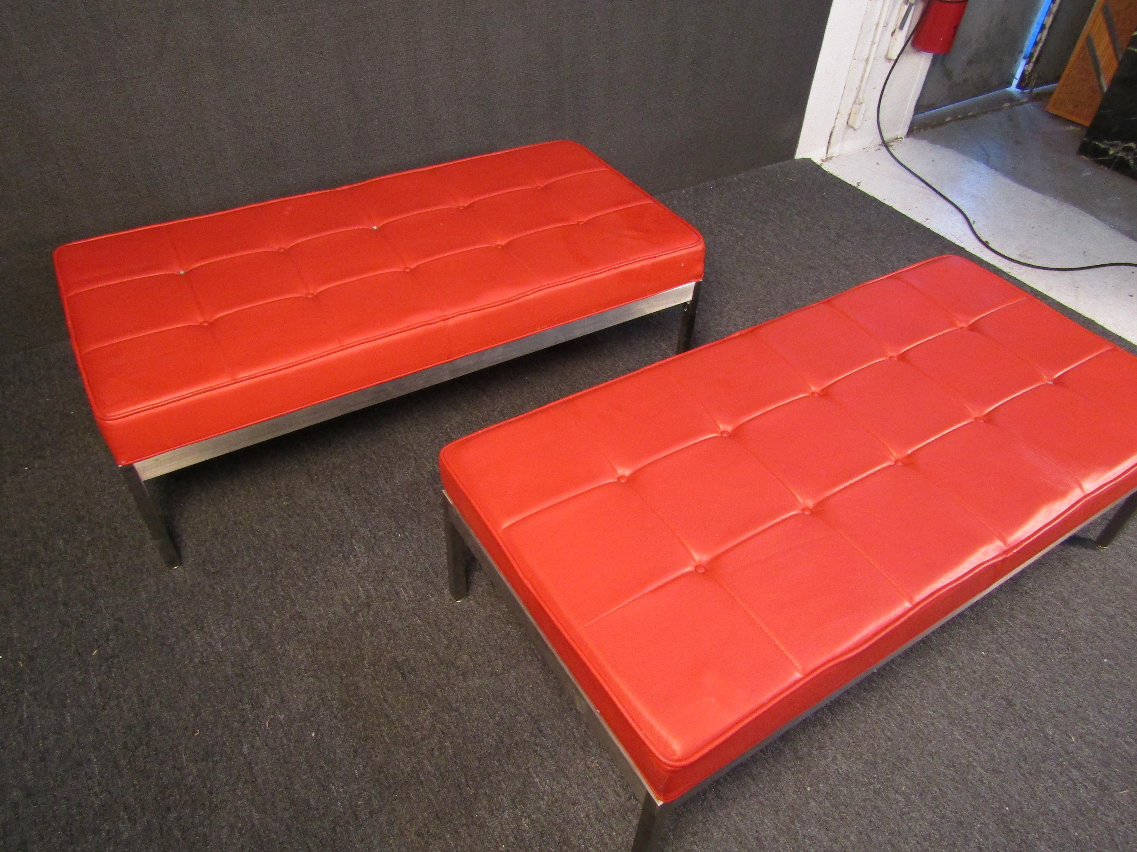 Pair of Red Mid-Century Modern Ottomans For Sale 1