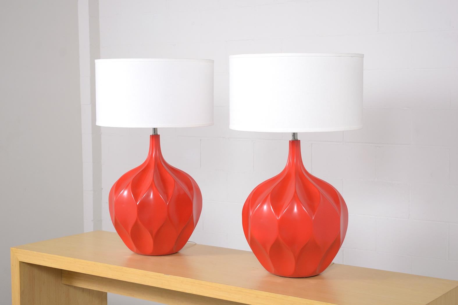 Mid-Century Modern Restored 1960s Ceramic Sphere Table Lamps with Linen Shades For Sale