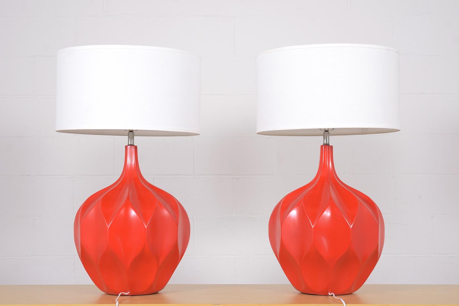 Polished Restored 1960s Ceramic Sphere Table Lamps with Linen Shades For Sale