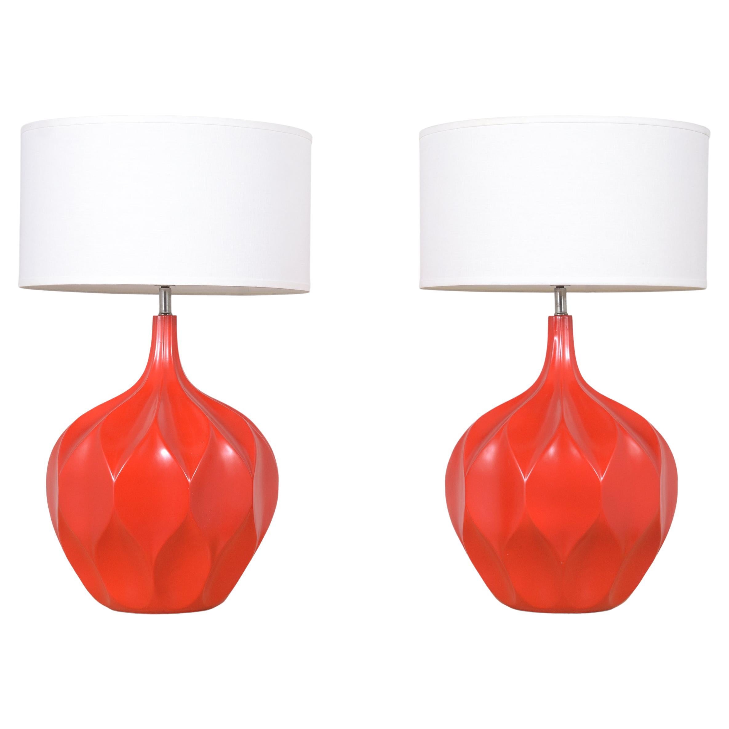 Restored 1960s Ceramic Sphere Table Lamps with Linen Shades For Sale