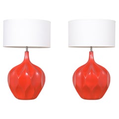 Restored 1960s Ceramic Sphere Table Lamps with Linen Shades