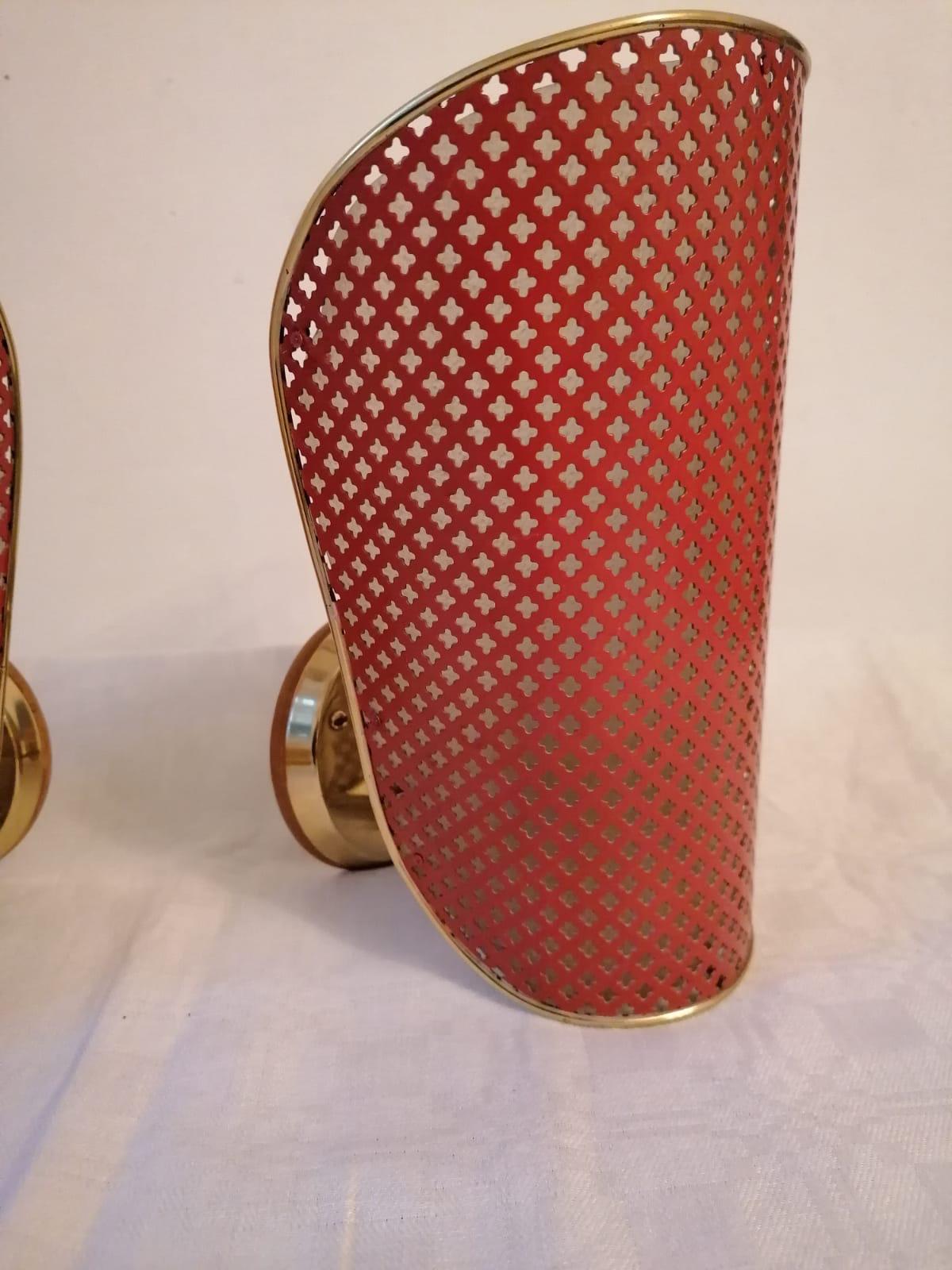 Brass Pair of Red Midcentury Wall Lamps Attributed to Rupert Nikoll For Sale