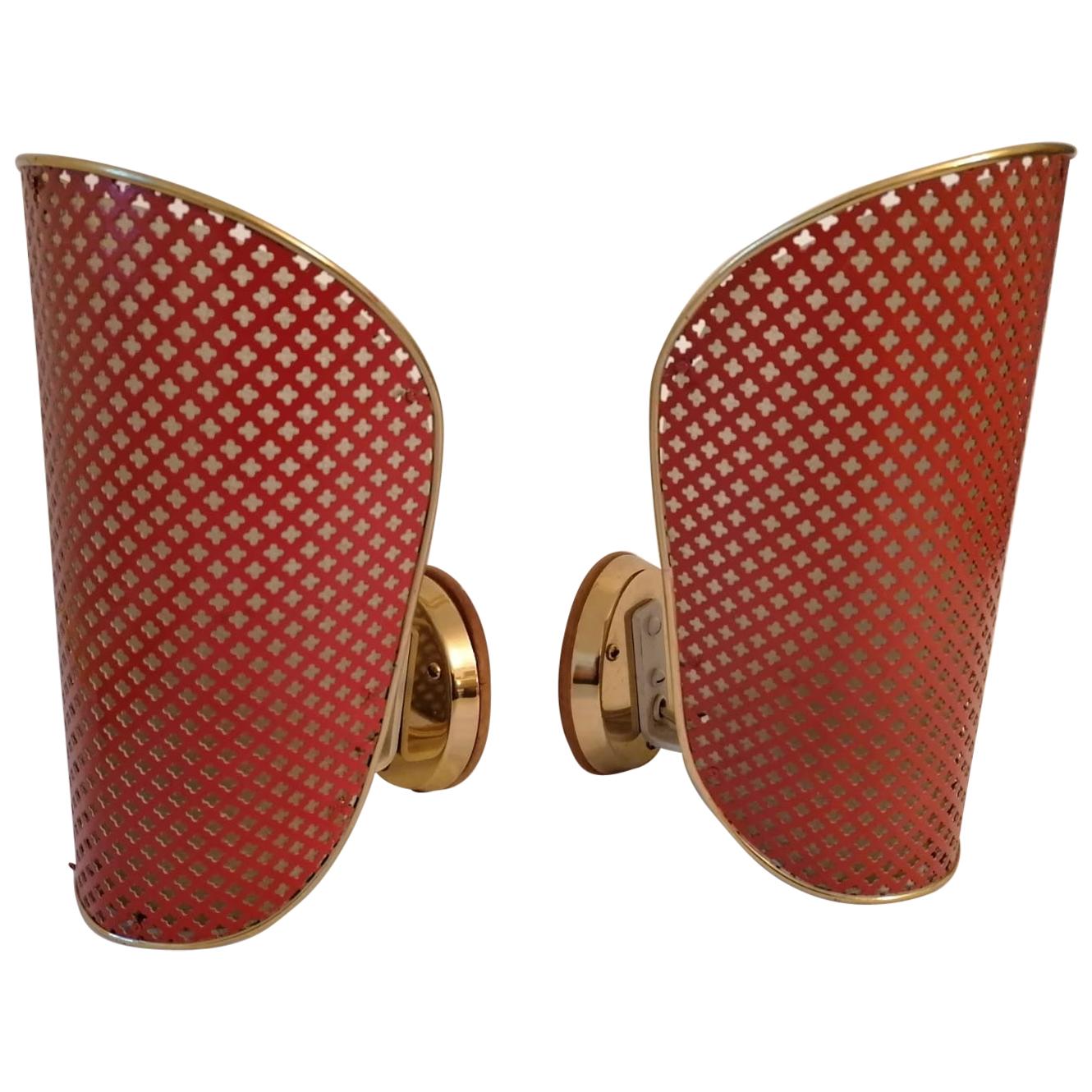 Pair of Red Midcentury Wall Lamps Attributed to Rupert Nikoll For Sale