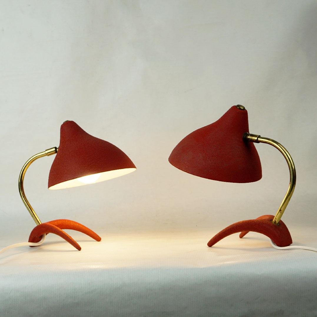Mid-Century Modern Pair of Red Midcentury Crowfoot Table Lamps by Cosack Germany For Sale