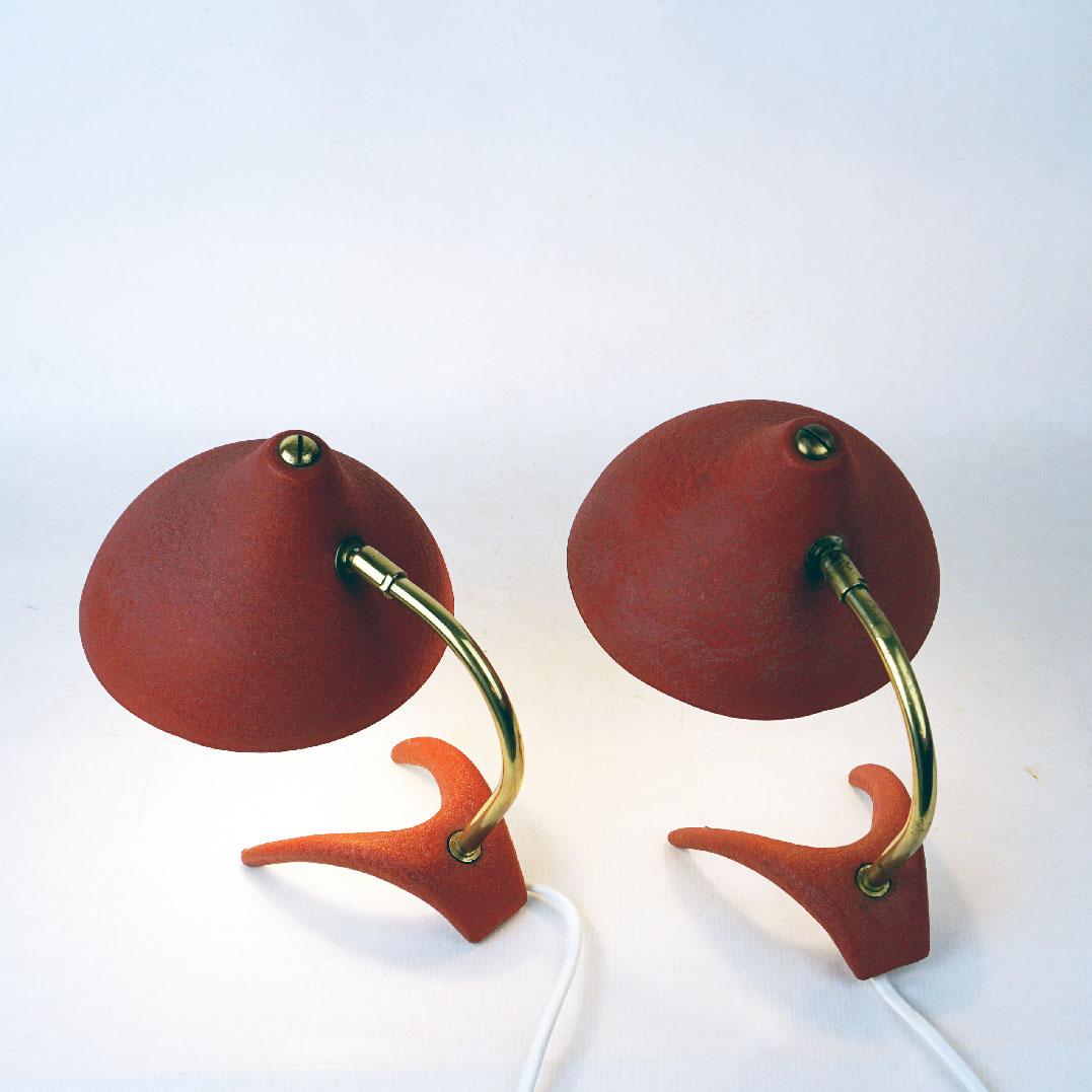 Lacquered Pair of Red Midcentury Crowfoot Table Lamps by Cosack Germany For Sale