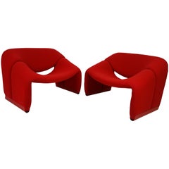 Pair of Red Midcentury Groovy Chairs F598 Red Feet by Pierre Paulin for Artifort