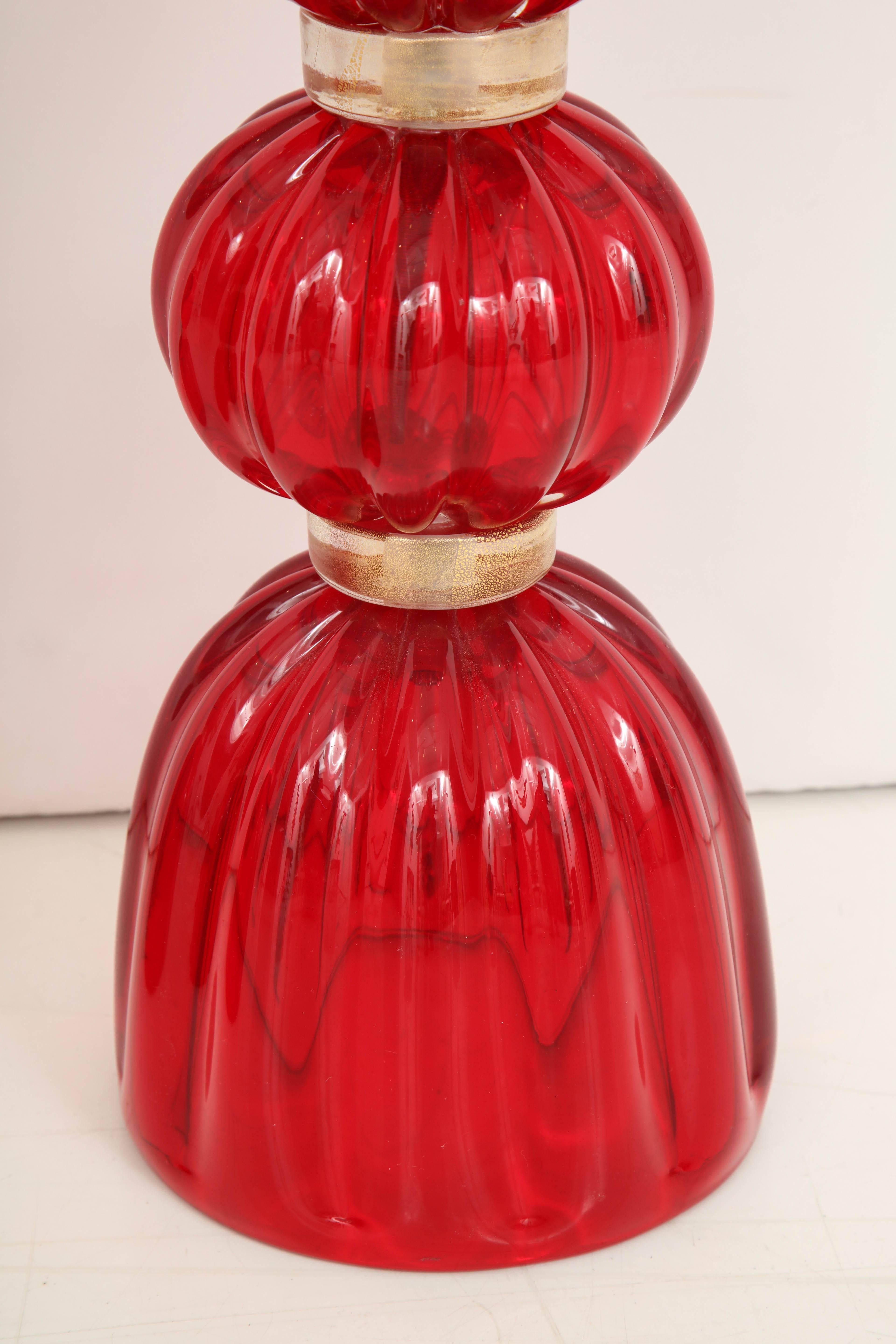 Italian Pair of Red Murano Glass Lamps