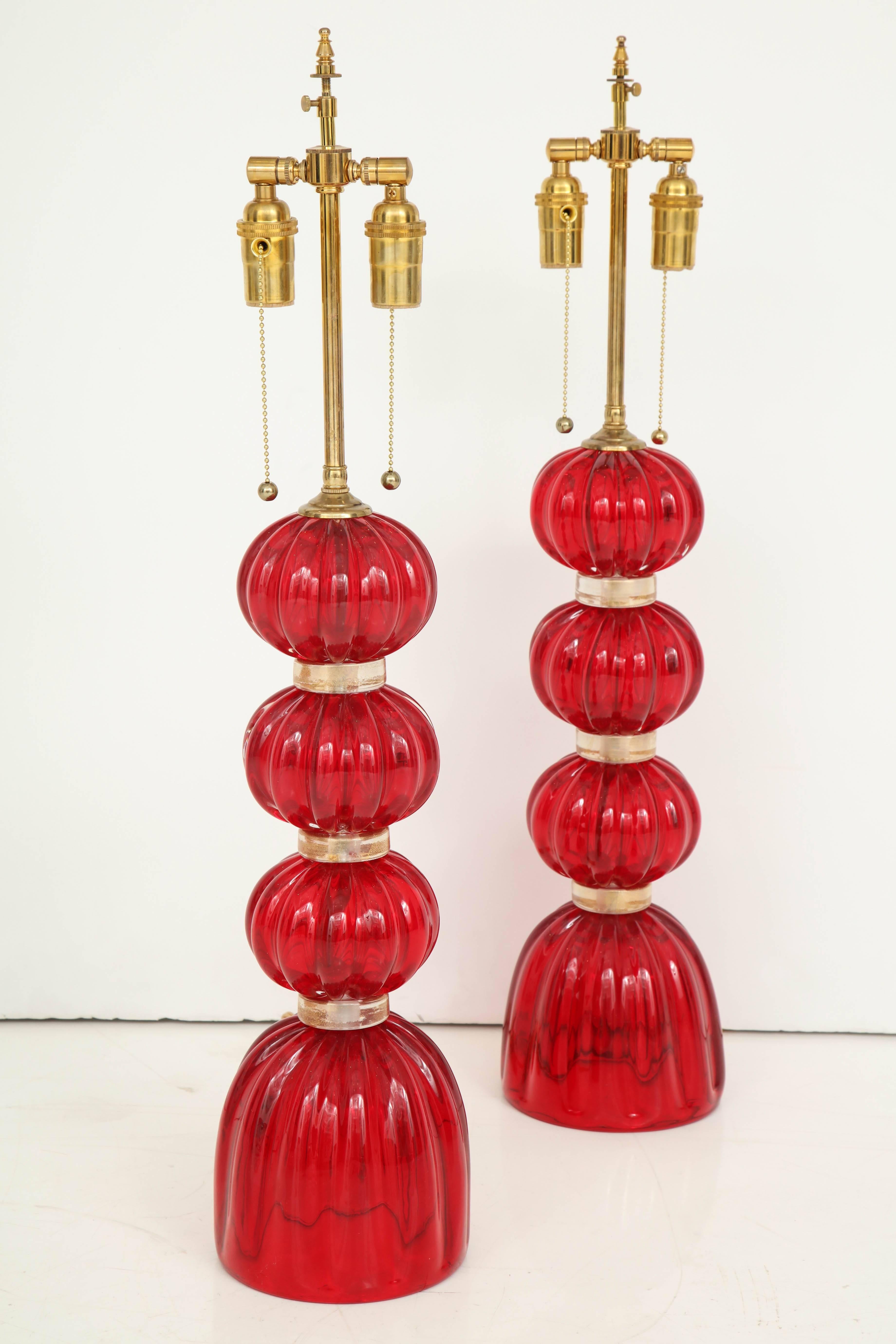 20th Century Pair of Red Murano Glass Lamps