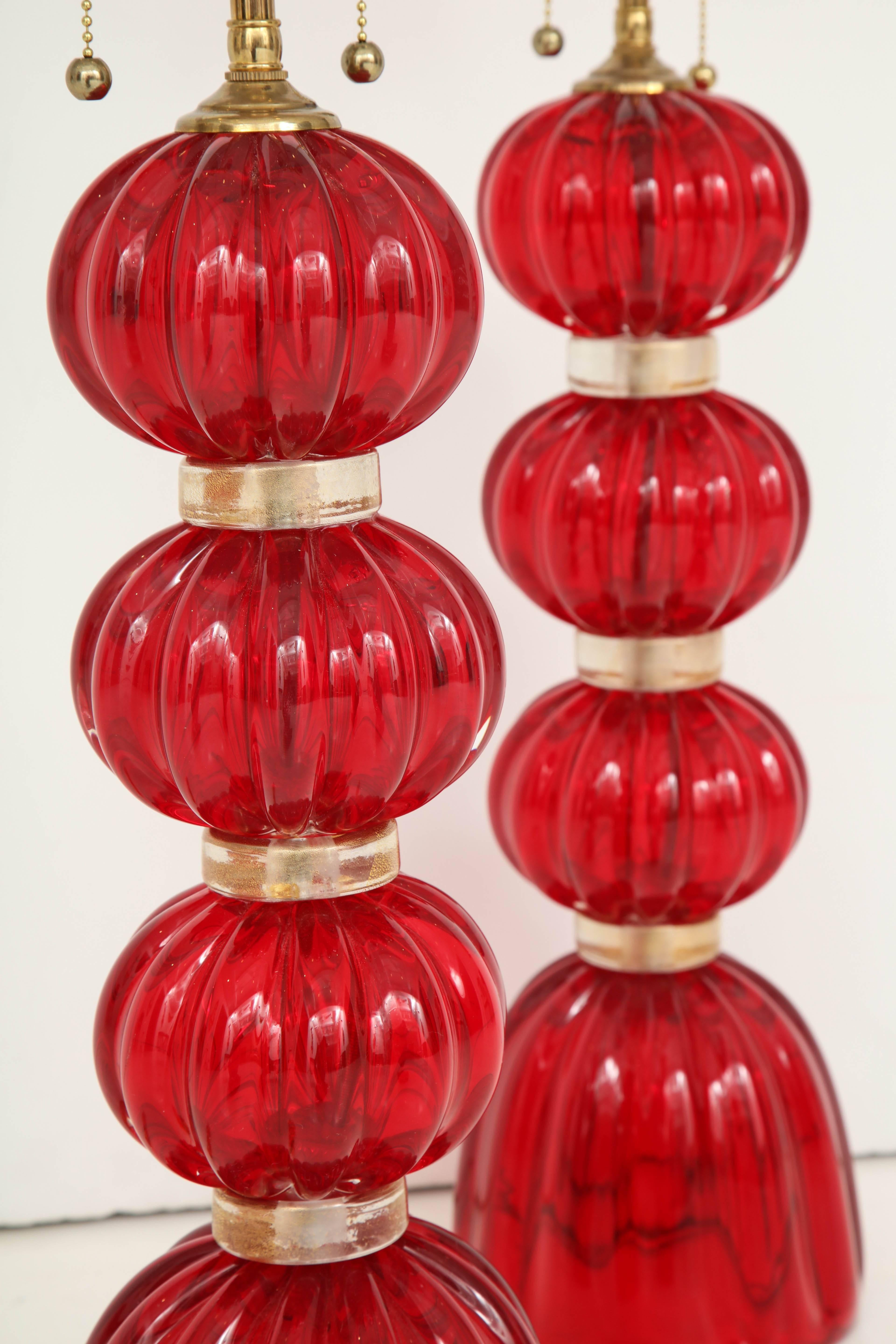 Pair of Red Murano Glass Lamps 1