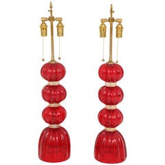 Pair of Red Murano Glass Lamps
