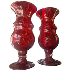 Vintage Pair of Red Murano Glass Vases Amadi Fabiano Murano for Mediterraneo