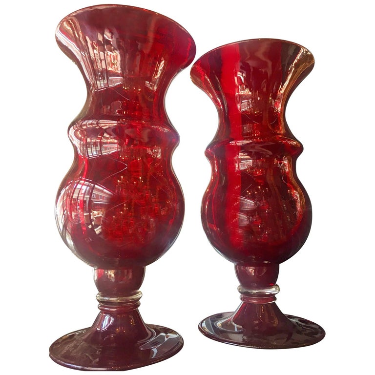 Pair of Red Murano Glass Vases Amadi Fabiano Murano for Mediterraneo at ...