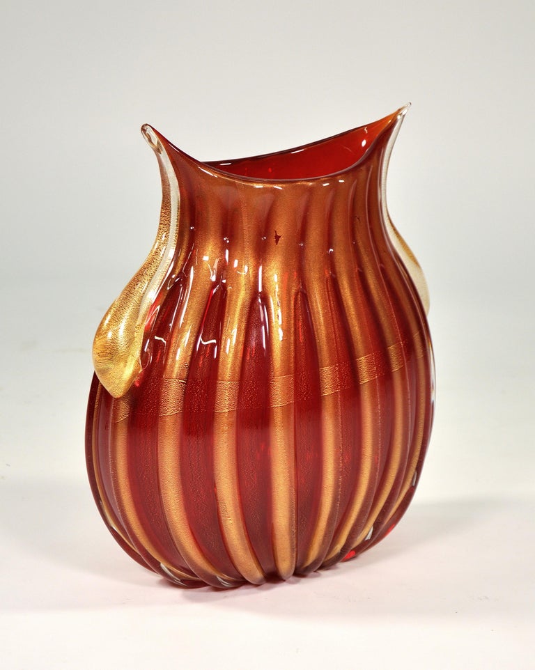 Signed Pair of Red and Gold Murano Glass Vases by Pino Signoretto For