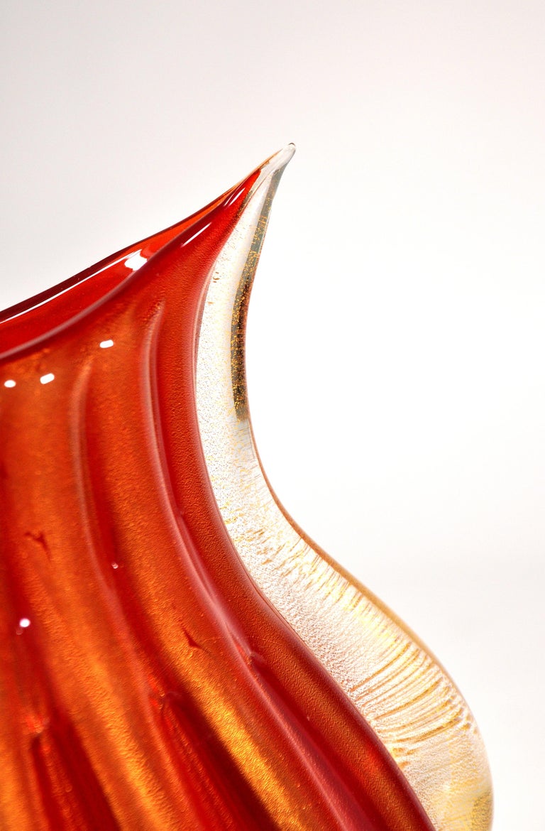 Signed Pair of Red and Gold Murano Glass Vases by Pino Signoretto For