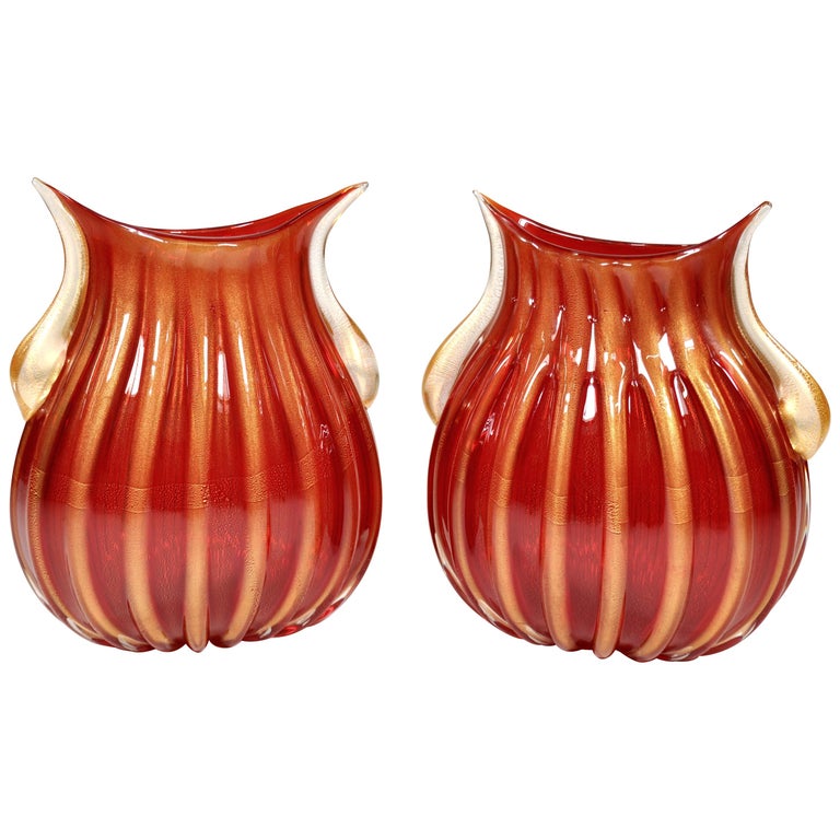 Signed Pair of Red and Gold Murano Glass Vases by Pino Signoretto For
