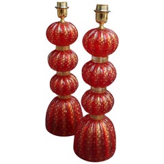 Pair of Red Murano Table Lamps, 1980